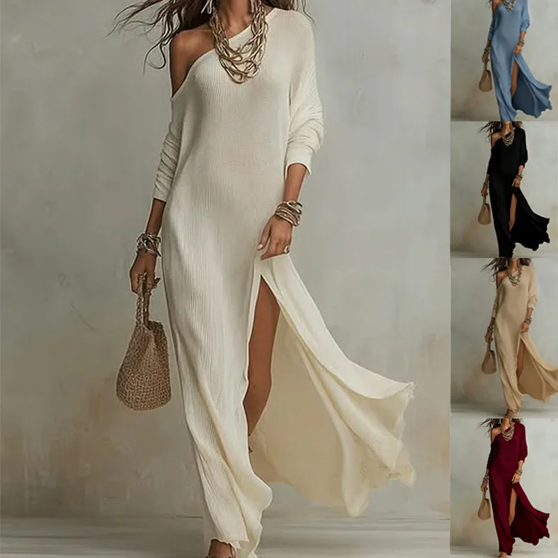 Schulterfreies langes Kleid mit langen Ärmeln, Sommer 2026, neue Mode, elegant, gestrickt, plissiert, locker, mit Schlitz, einfarbiges Damenkleid