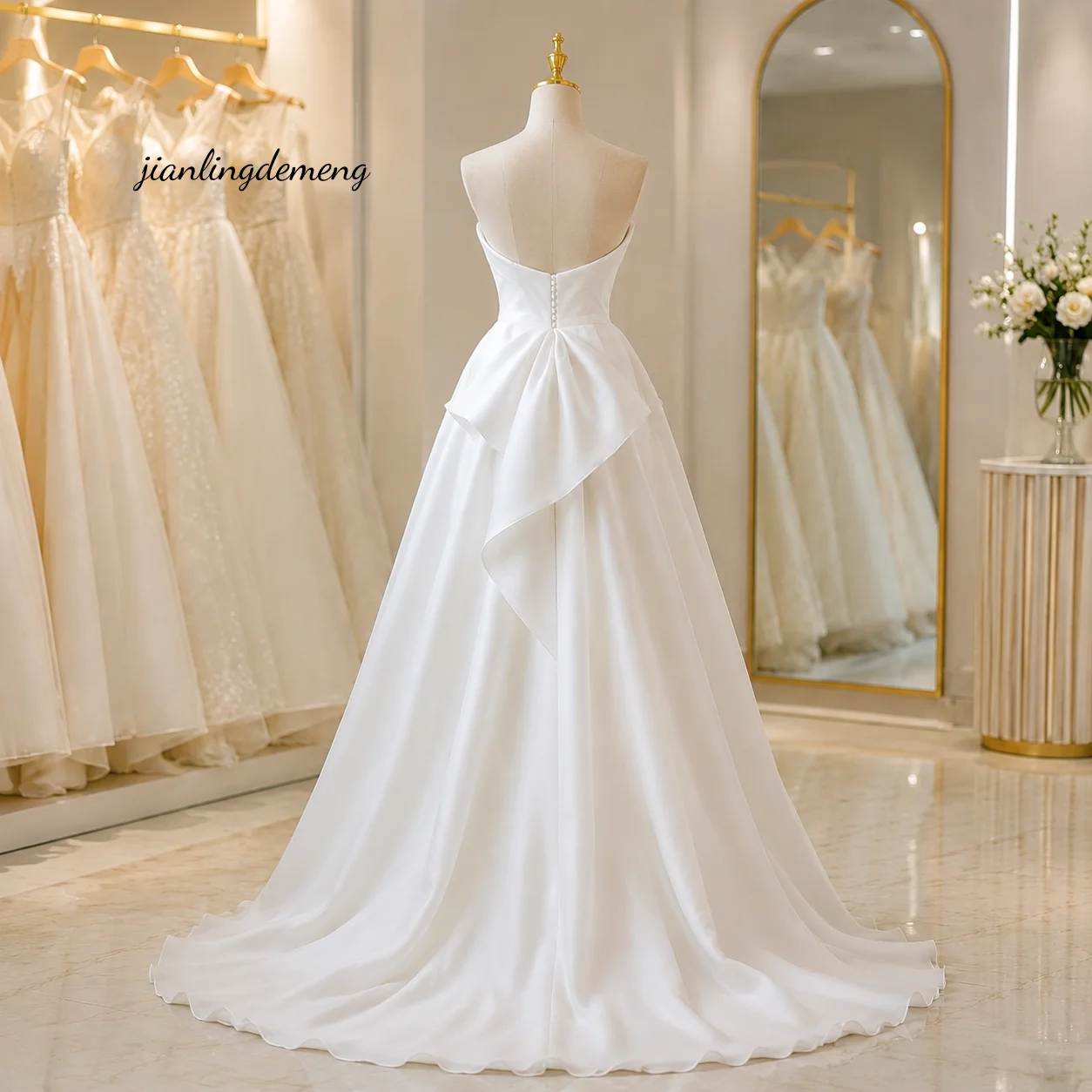 Minimalist Elegant Ivory Satin Wedding Dress A Line Floor Strapless Fold V Bust Big Draped Bow Civil Bridal Gown Customized