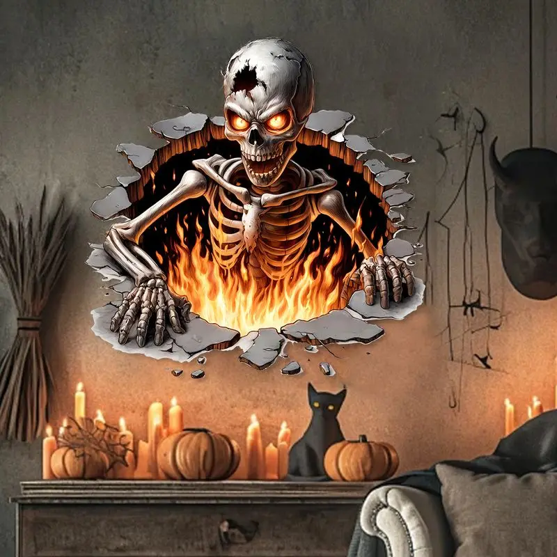 VIKAMA 3D Halloween Skeleton Wall Sticker Breaking Wall Effect, Self-Adhesive Peel and Stick Decal, Spooky Party Decor