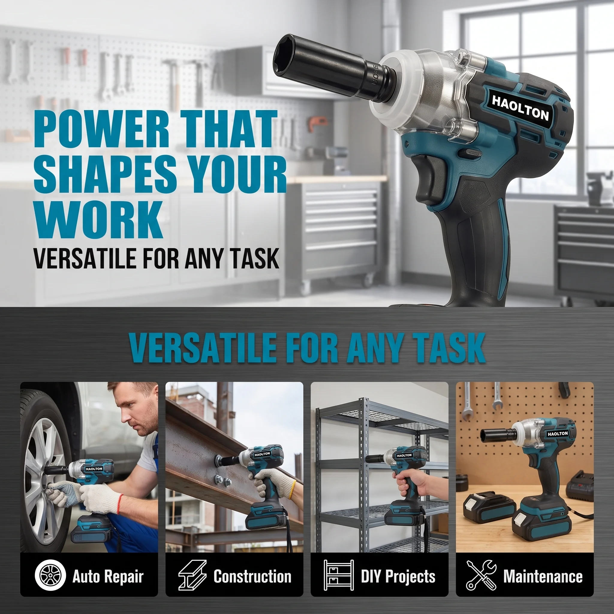 HAOLTON Brushless Electric Impact Wrench Cordless 320N.M Torque 1/2' Wrench Power Tools Compatible MAKITA 18V Battery