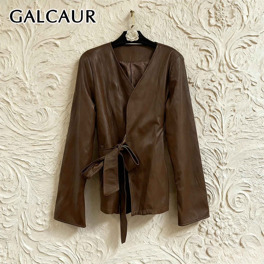 

GALCAUR Solid Spliced Lace Up Jacket Female V Neck Long Sleeve Loose Streetwear Korean Women's Jackets Autumn Fashion New Style