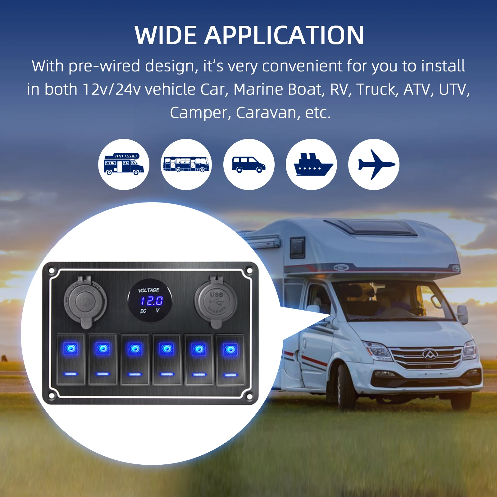 Digital Display Super Metal   4-8 Gang ON Off Switch for Boat Car Marine ATV UTV with Blue LED USB  Rocker Switch Panel