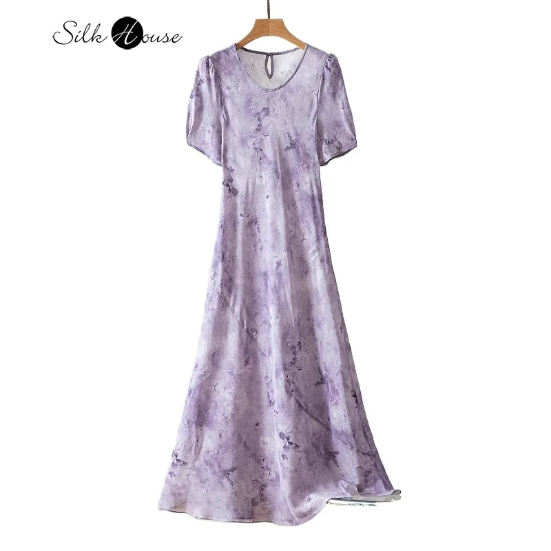 

2025 Women's Elegant Summer New 100% Natural Mulberry Silk Crepe De Chine Printed Oblique Short Sleeve Round Neck Dress