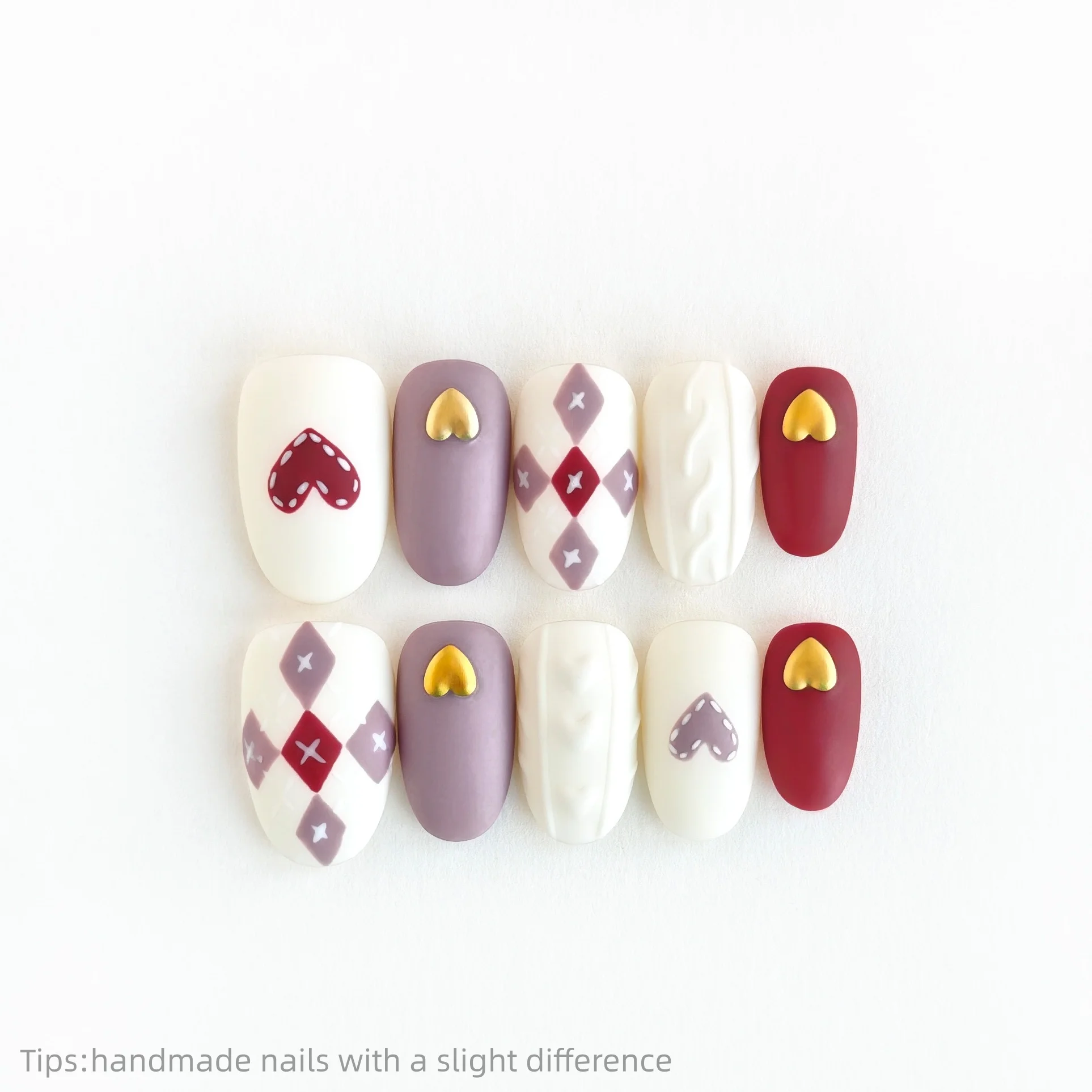 

10pcs Handmade Purple White Heart Argyle Press on Nails Square Short Wearable Reusable Cute False Nails 2026