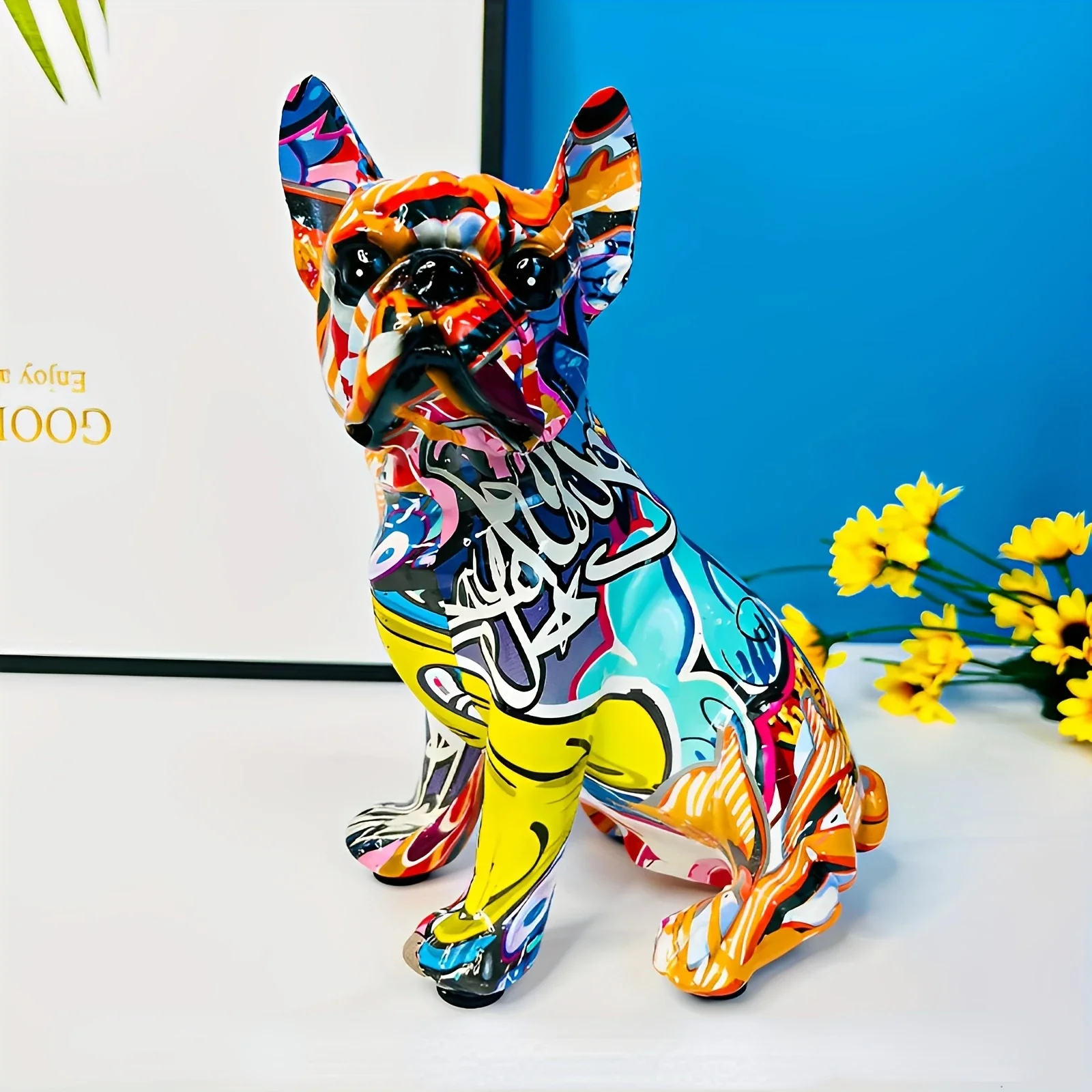 Graffiti bulldog statue, resin animal dog DIY colorful home decoration, bedroom, bookshelf, desktop statue ornaments.