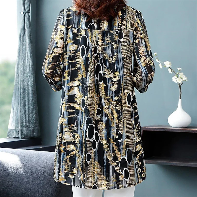 2023 nova camisa de chiffon feminina high-end solto magro camisa jaqueta mãe primavera coreano impresso médio e longo casaco camisa feminina