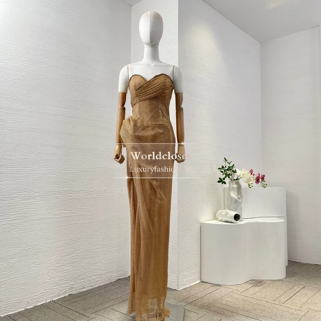 

2025 New Beautiful Brown Sleeveless Slit Hem Backless Tube Maxi Dress