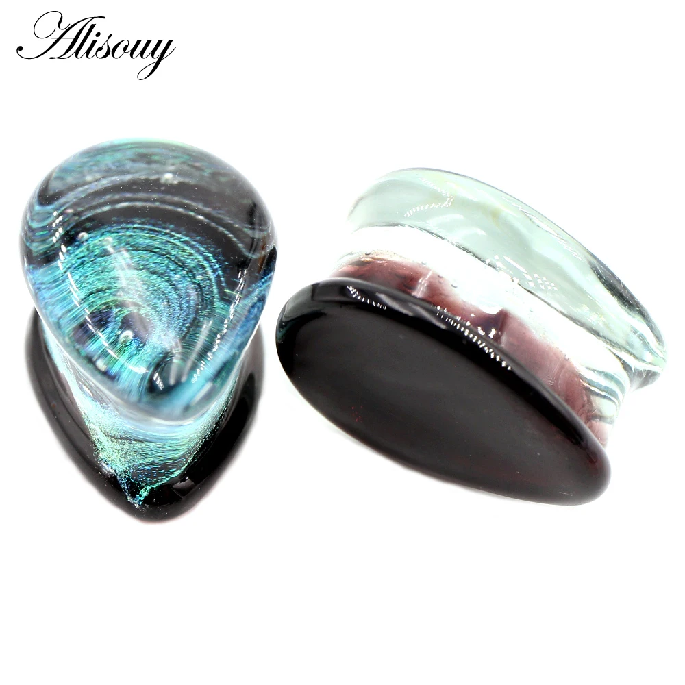 Alisouy 1PC Glass Galactic Orange Jellyfish Water Drop Ear Tunnel Plug Expanders Stretcher Gauges Earrings Piercing Body Jewelry