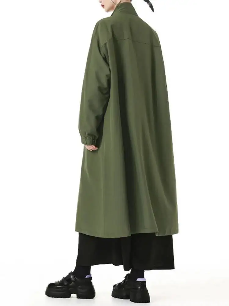 여성 육군 녹색 포켓 빅 사이즈 롱 트렌치 새로운 스탠드 칼라 긴 소매 윈드 브레이커 패션 봄 가을