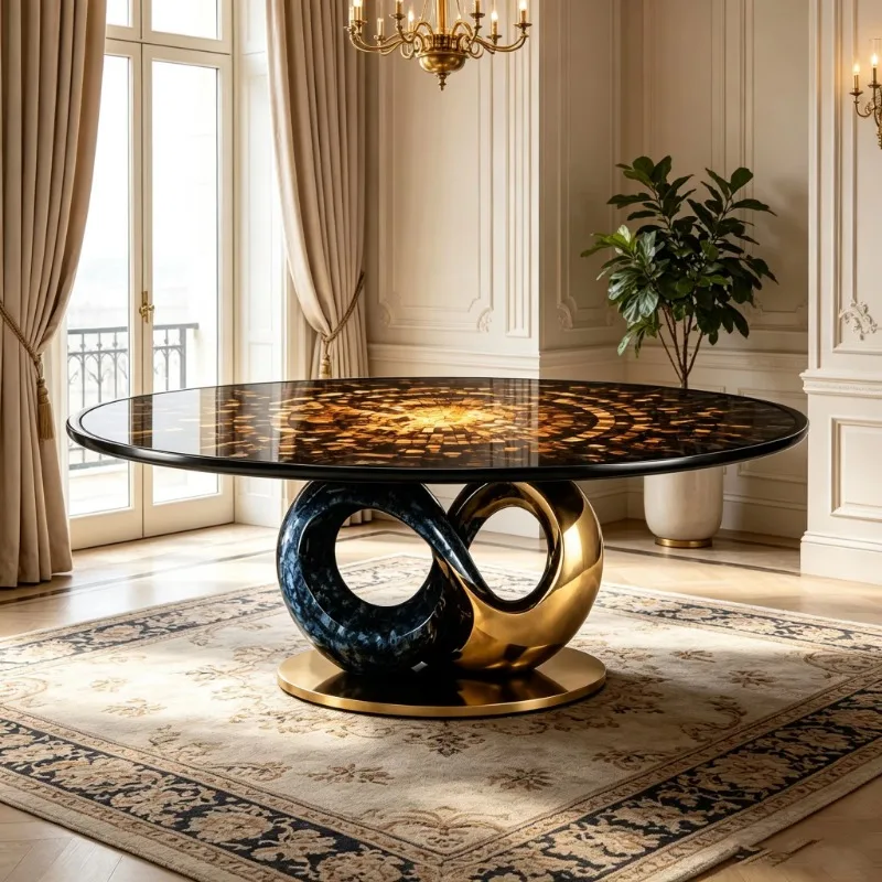 Round Mosaic Coffee Table Electroplated Fiberglass Unlimited Base Luxury Art Center Table Suitable for Villa Hotel Living Room