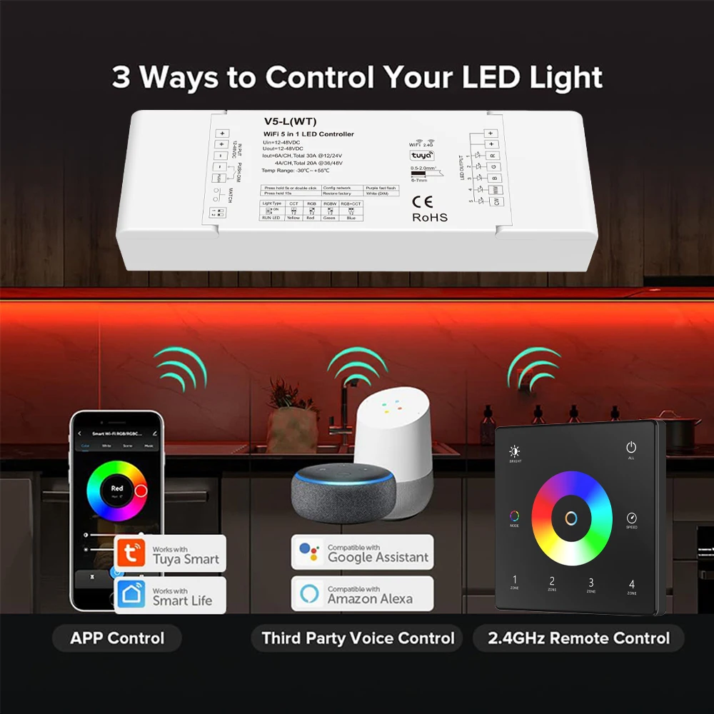 CENFAYA WiFi 5 in1 LED Controller DC 12V 24V 36V 48V 30A Dimmer With AC Push Switch Dimming TUYA APP Voice Control Music Model