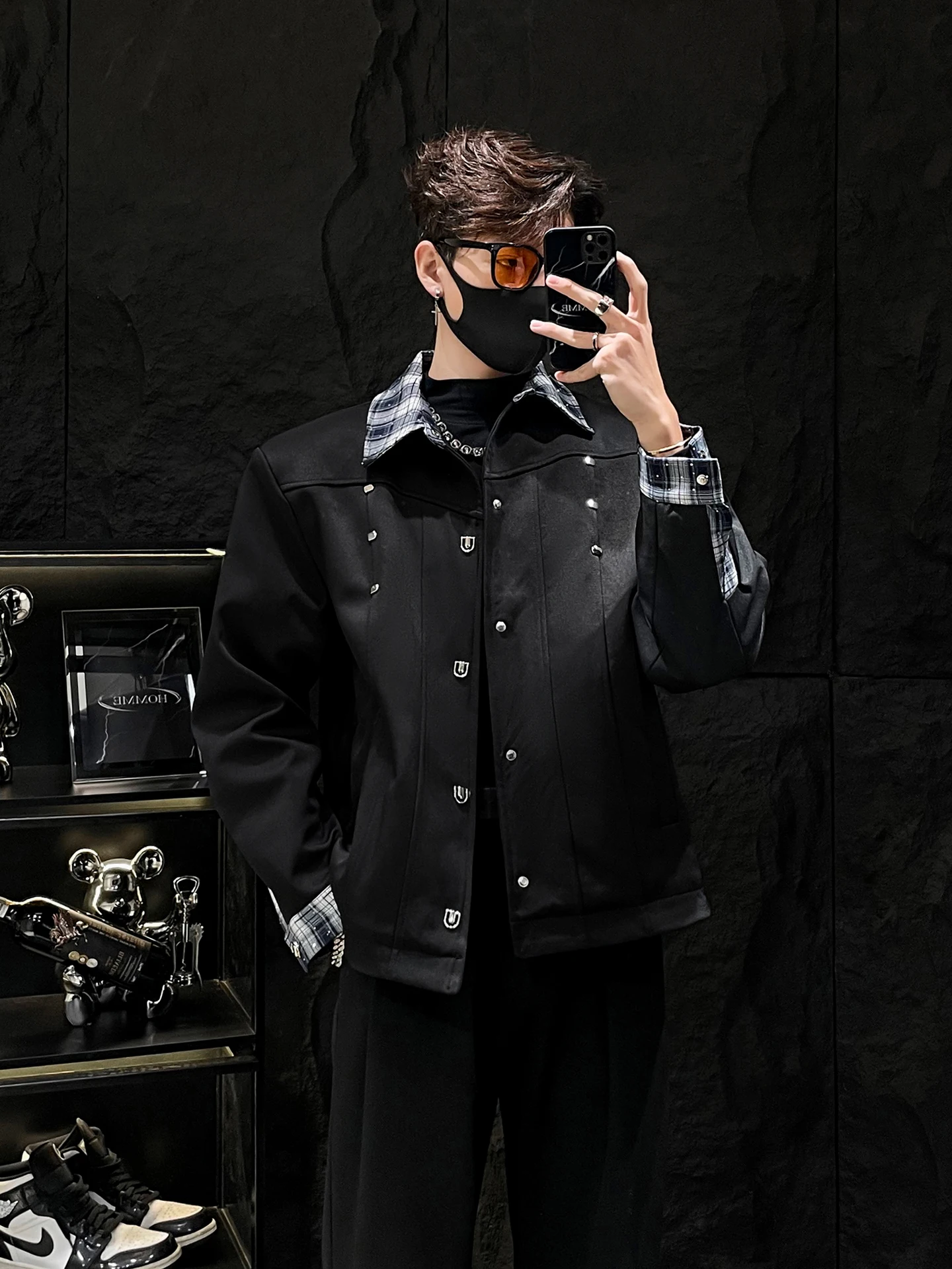 

Plaid Splicing Jaet Men's Thiened Cotton Inner Pad oulder Outerwear Autumn Winter Loose Fit Youth Trend