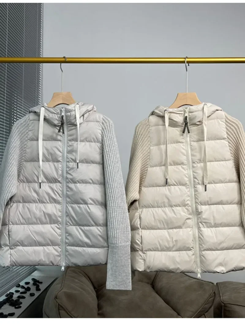 Piumino da donna 2023 nuovo inverno lana Cashmere falso due pezzi cuciture doppia Zip caldo cappotto Casual con cappuccio