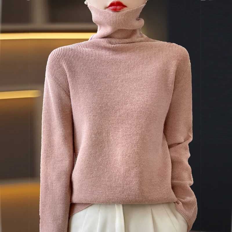 Merino Sweater wol untuk wanita, atasan pulover kerah Tumpuk, pakaian rajut kasmir musim gugur musim dingin lembut warna polos