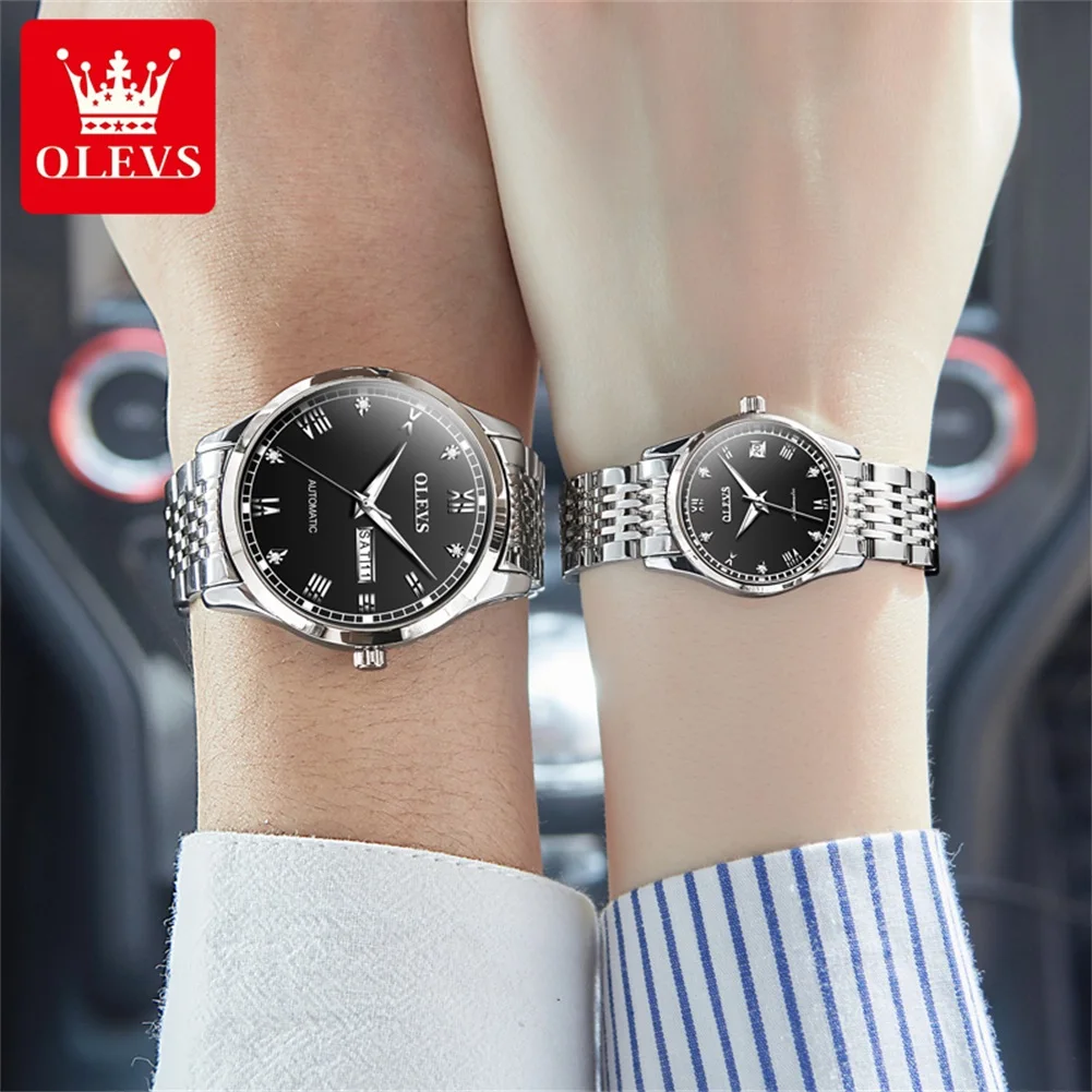 ساعات الزوجين OLEVS للرجال والنساء بسيطة فاخرة أصلية أوتوماتيكية ساعة يد ميكانيكية تاريخ تلقائي مقاومة للماء هدايا العشاق 6602 #3