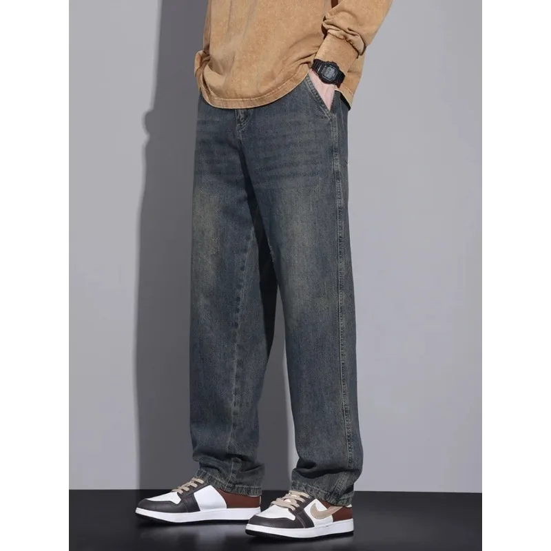 

2025 Autumn New Large Size American Retro High Street Jeans Men Loose Straight Trendy Brand Casual Men's Wide-Leg Pants