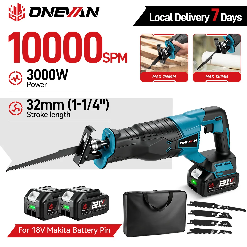 ONEVAN 3000W 10000SPM Elektrische Säbelsäge, elektrische Kettensäge, tragbares, kabelloses Werkzeug für Makita 18V Akku.