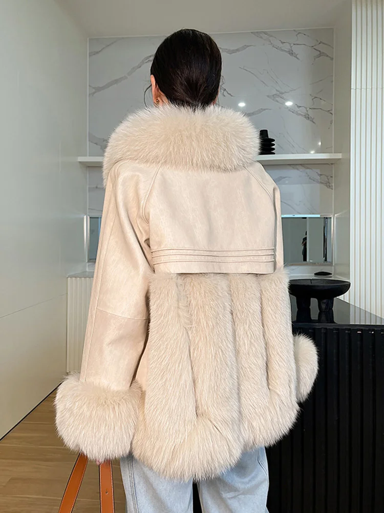 Real Fur Coat Women Autumn Winter Fashion Casual Thicken Big Fox Fur Collar Down Cotton Liner Sheepskin Jacket Young Outerwear