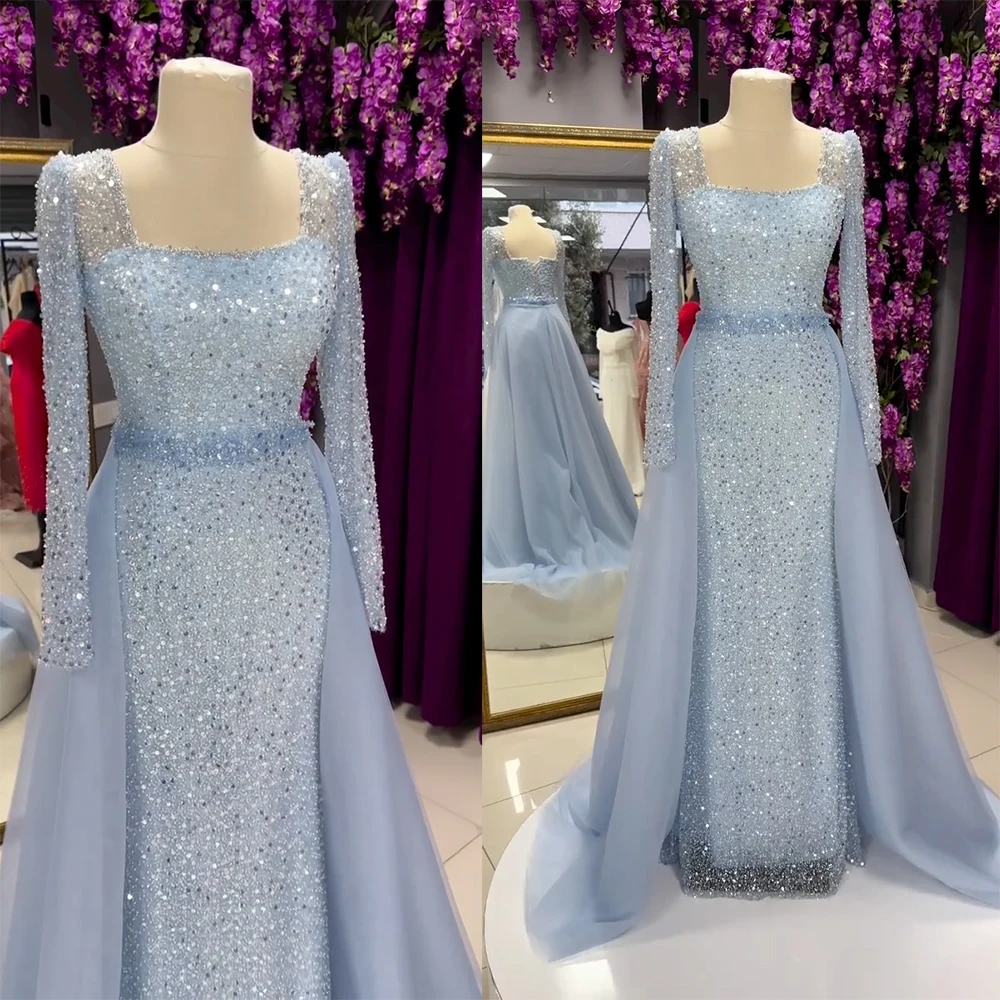 Elegant Beads Evening Dress for Women with Detachable Skirt 2024 Luxury Long Sleeves Formal Prom Wedding Party Gowns Customized