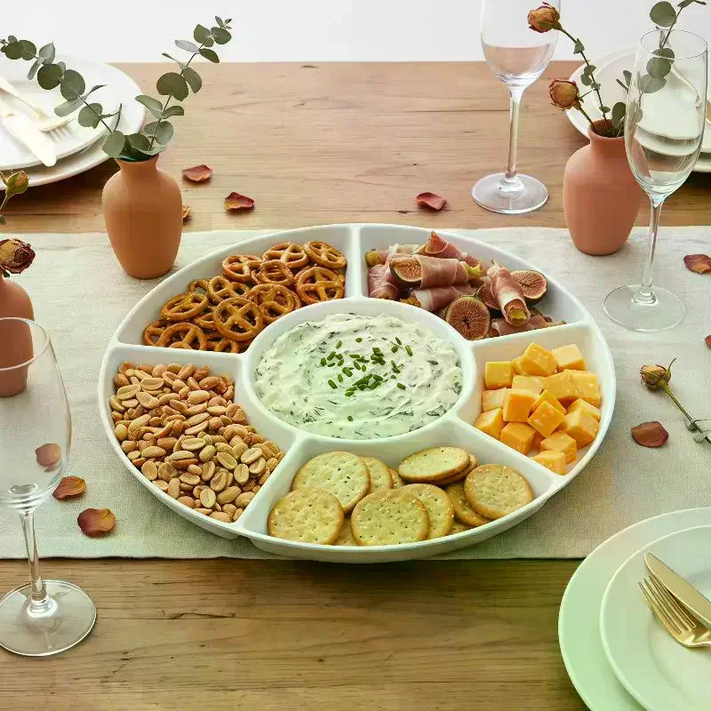 Portable Plastic Food Storage Tray Reusable Round Shape Divided Dinner Plate 5-Compartment Snack Container Plate Household Use