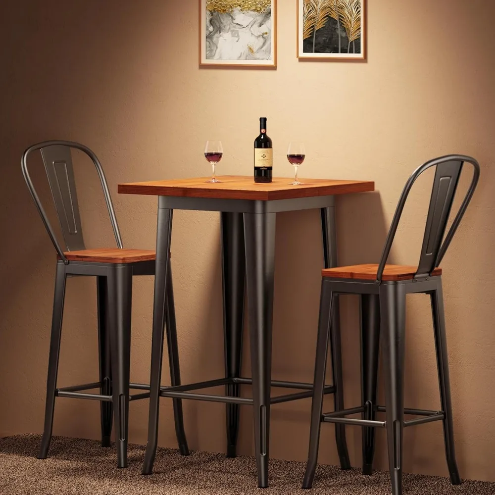 

Bar Table and Chairs Set, Pub Table and Chairs Set of 2, with Elm Solid Wood and Thickened Metal Frame, for Bar, Small Space