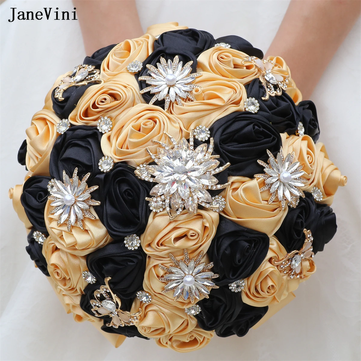 

JaneVini Luxury Golden Rhinestone Khaki Black Bridal Bouquets Artificial Satin Roses Bride Wedding Flowers Bouquet Ramo De Novia