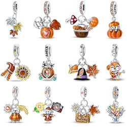 100% 925 Sterling Silver Autumn Harvest Series Brown Music Squirrel Scarecrow Pumpkin Maple Leaves Charms Beads DIY Jewelry Gift
