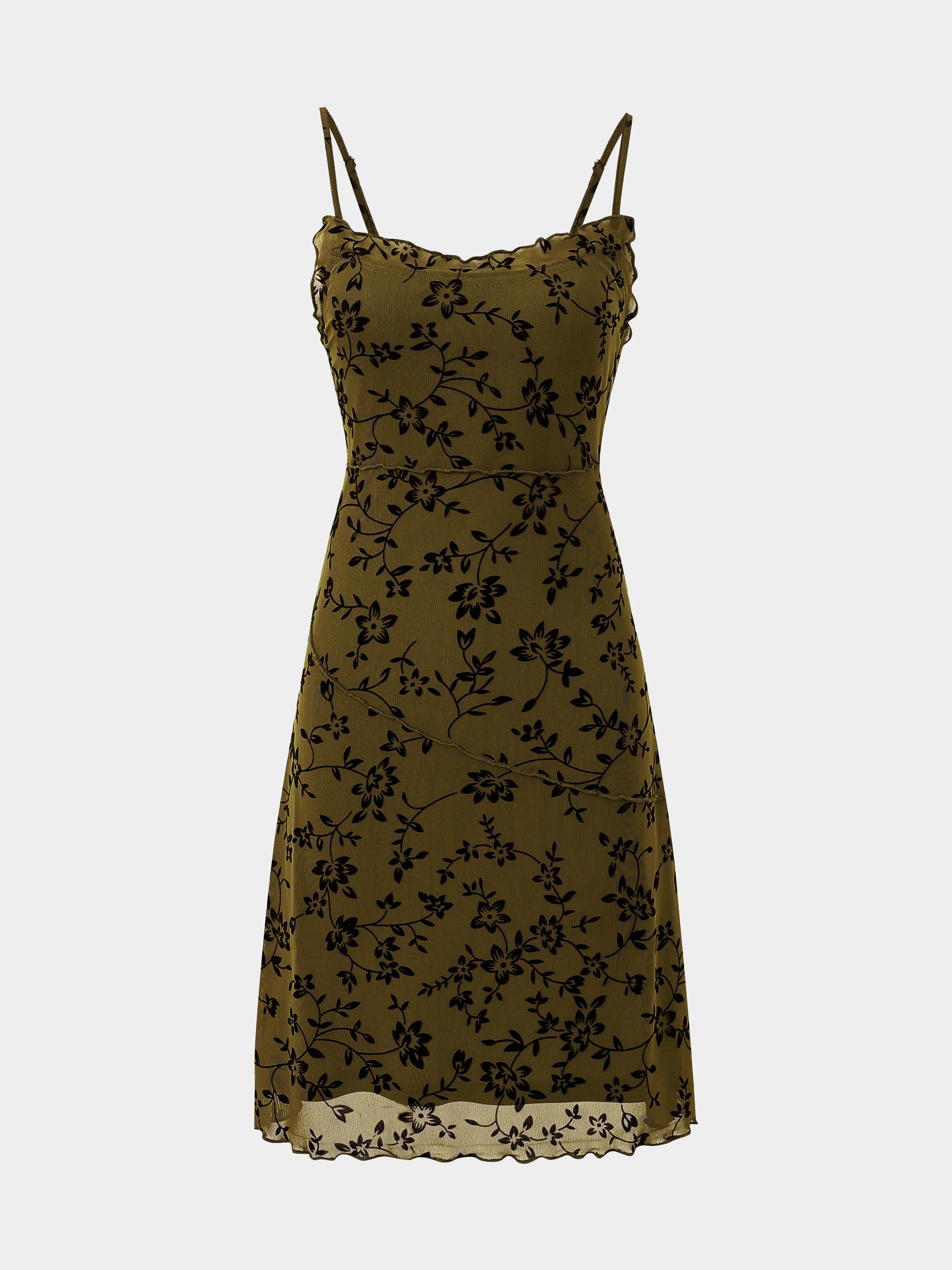 Women's Summer Fashion Slim Fit Flower Flocking Suspender Sleeveless Ruffle Dress