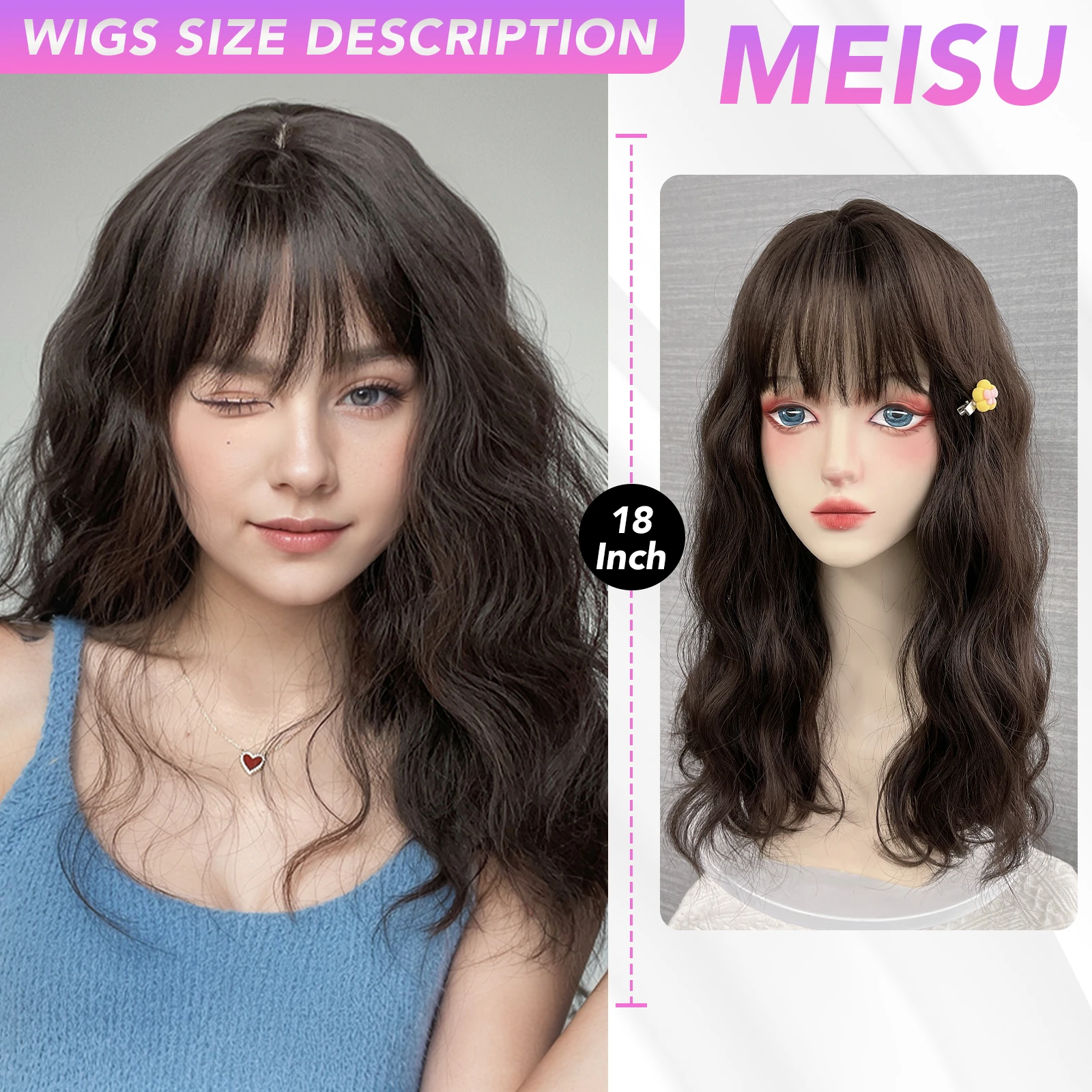 MEISU 18 Inch Water Curly Wave Bangs Wig Fiber Synthetic Heat-resistant Deep Wave Hair Natural Party or Selfie Cosplay Party