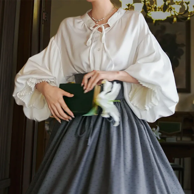 

TIYIHAILEY Spring Summer New Blouse Lace Up Tops For Women Lantern Three Quarter Sleeve Tees Thin Shirt White Ladies 2026 New