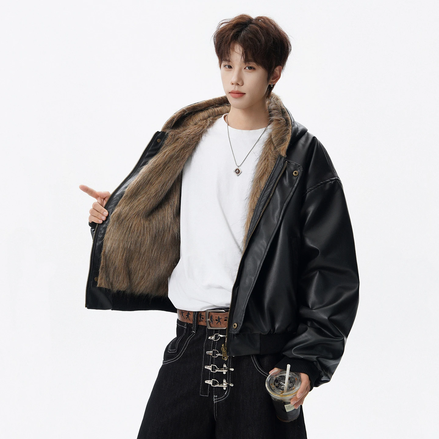 Men's Double-Sided Wear Leather Fur Integrated Jacket Thickened Winter Coat with Hood Short American Style down Jacket