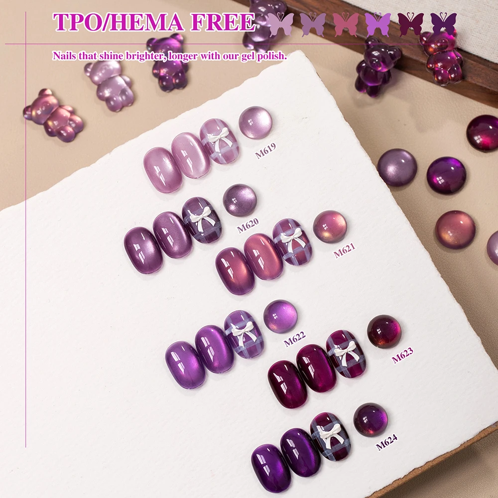 Vendeeni TPO HEMA FREE 6色/セット パープルクリスタルキャットアイジェルネイルポリッシュ マグネットガラスビーズ UV LEDジェルワニス ディスプレイ付き