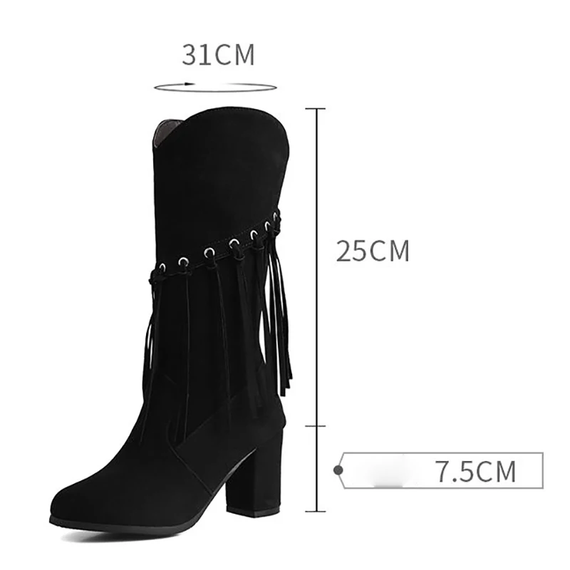 Girseaby 2024 Fashion Fringe Boots for Women Flock Suede Round Toe Block Heel 7.5cm Zipper Plus Size 50 51 52 Party Dating Bota