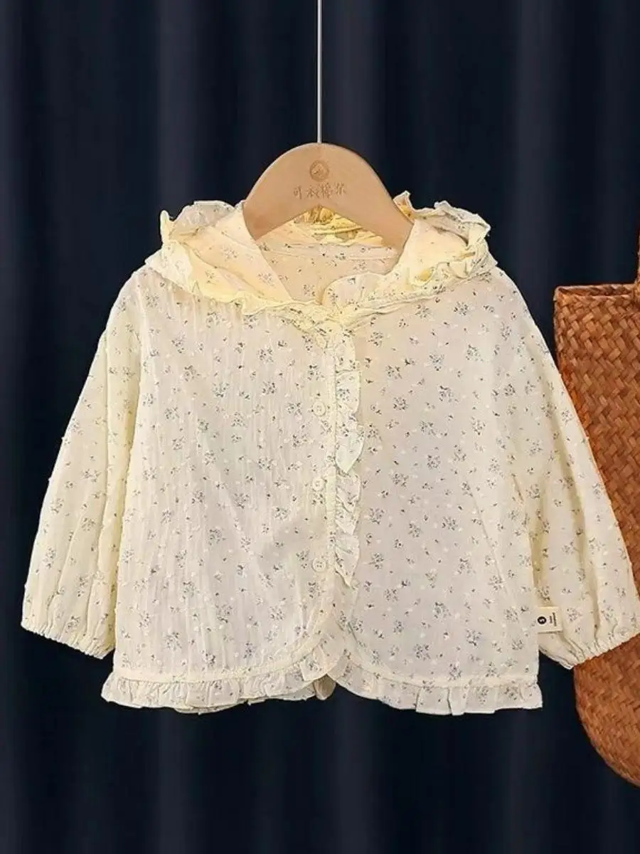 

Baby Girl Summer Hat Sun Protection Clothing Floral Lace Air Conditioner Cardigan Long Sve Faionable Children's Wear