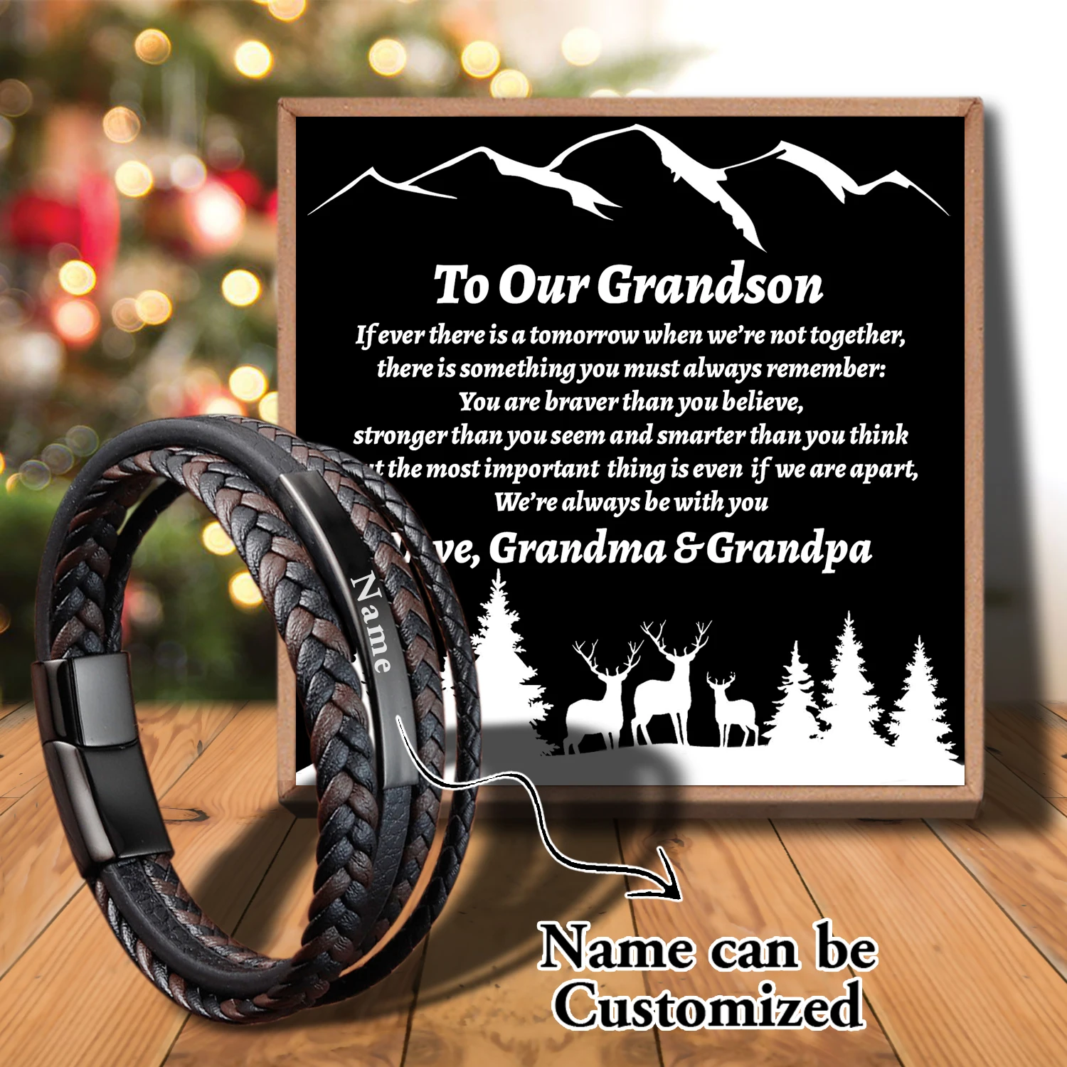 

Sap3110 Grandma And Grandpa To May Grandson Multi-layer Stainless Steel Buckle Black/Brown Genuine Leather Bracelet For Men Wome