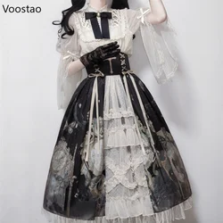 Wiktoriański Vintage Gothic Lolita zestawy sukienek kobiety elegancka elegancka koronka Mesh koszule z kokardami nadruk z motylem spódnica garnitur słodka księżniczka zestaw