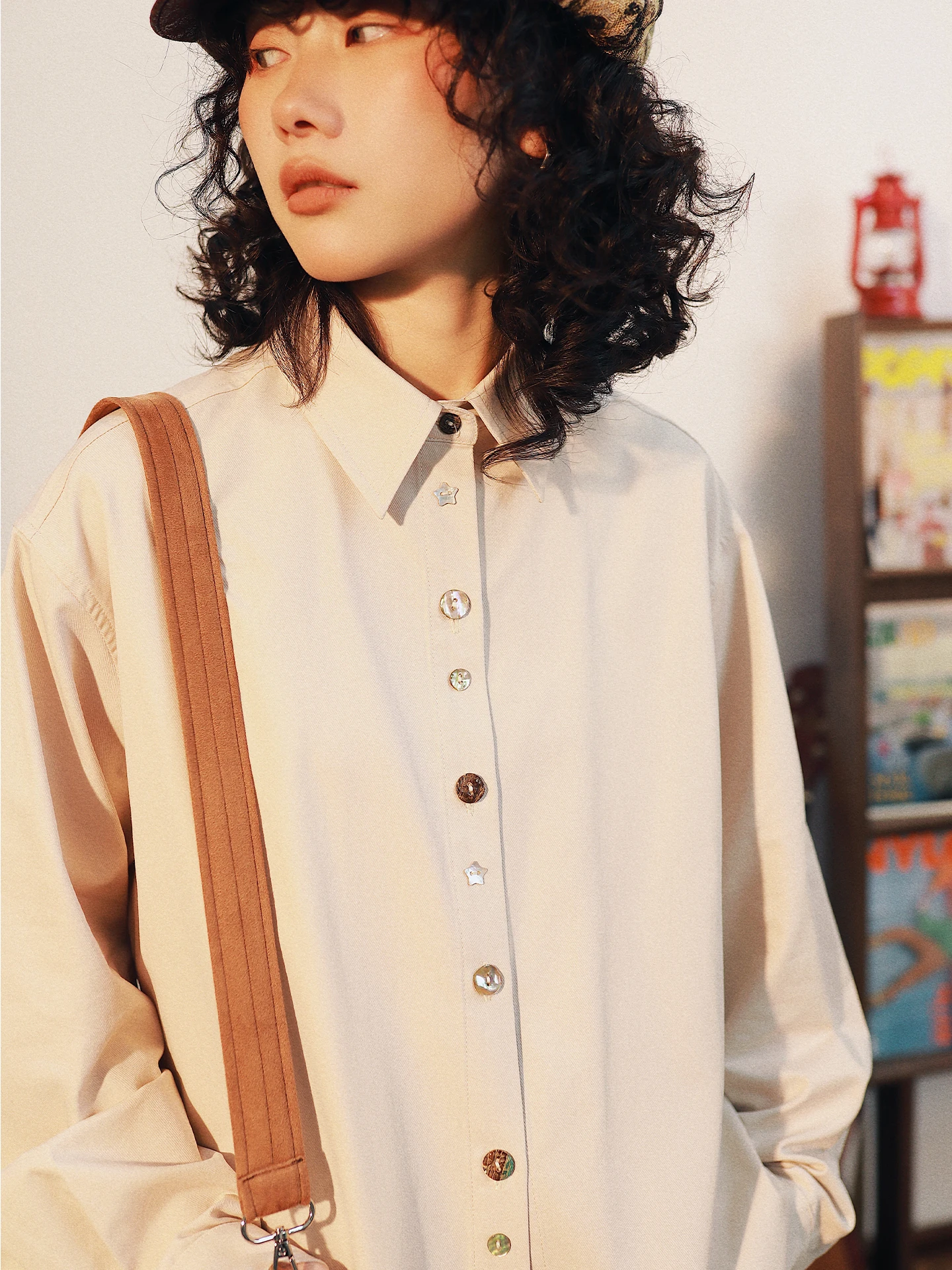 

Casual Japanese Sle Long Sve irt for Women l ell Button Design Pure Color Loose Fit Original Design Ry Fabric