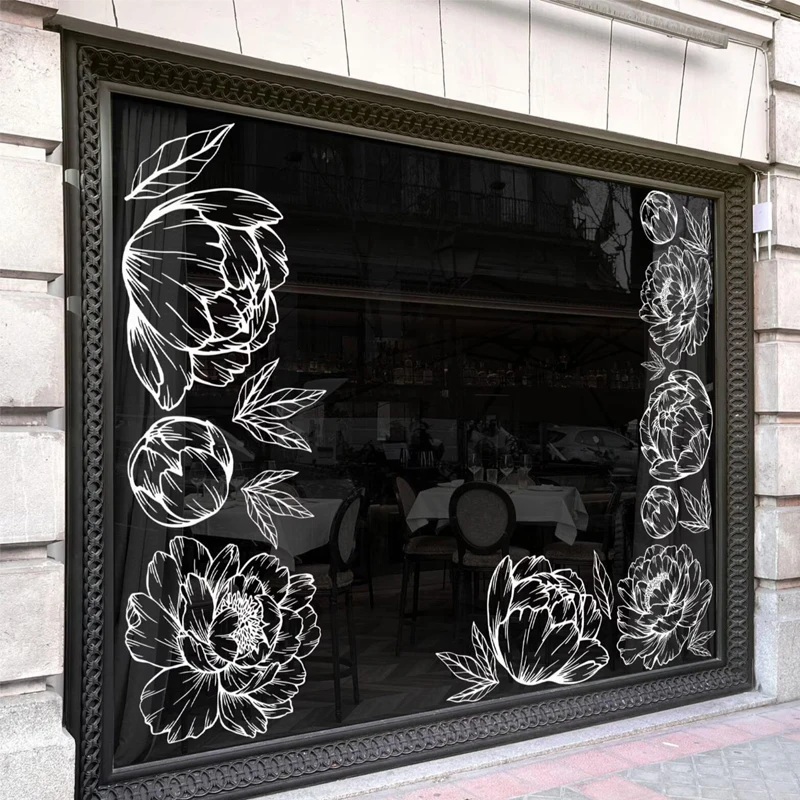 Large peony flower decal for shop window decoration, Whole set or single piece flower decals, Flower outline vinyl sticker E628