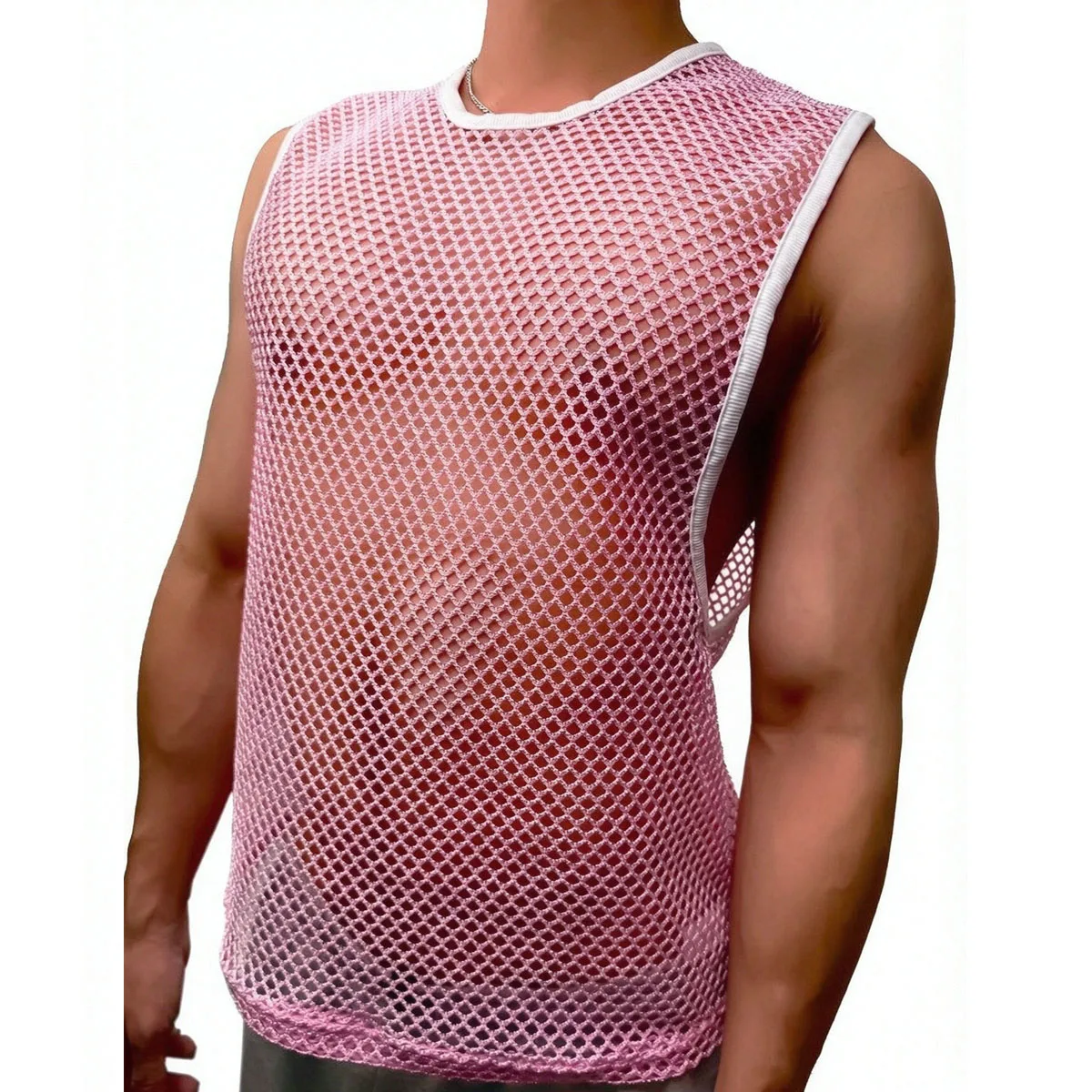 Men Tank Tops Fitness Sports Sleeveless Fishnet T-shirt Mesh Golden Silvery Line Shiny See-through Sexy Hollow-out Muscle Vest
