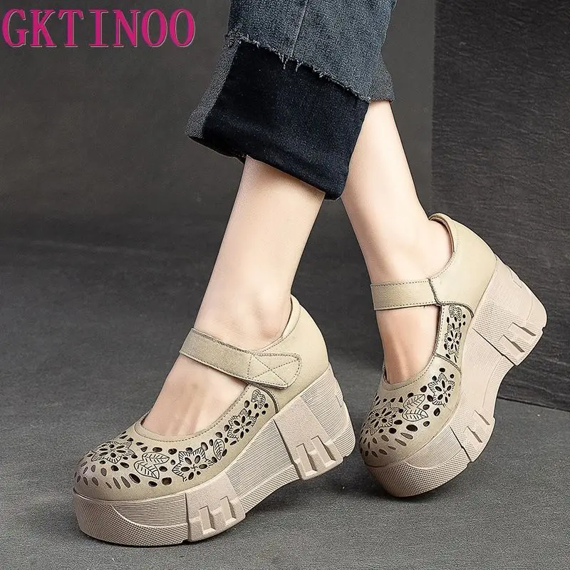 

GKTINOO Handmade Retro Women Shoes Genuine Leather Sandals Hook & Loop 2024 New Spring Summer Hollow Platform Wedges Sneakers