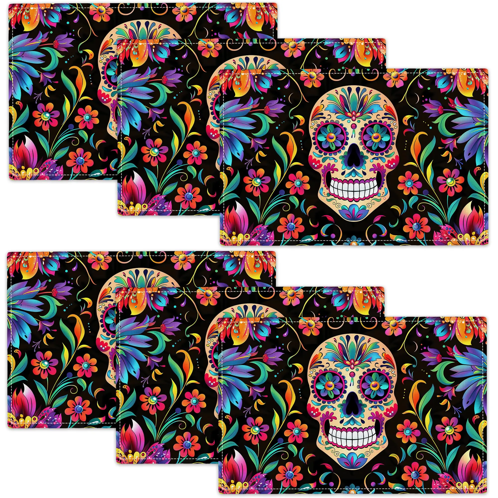 

Day of The Dead Skull Placemats Halloween Sugar Skull Linen Placemat Flower Heat Resistant Dining Table Place for Kitche 12x18''