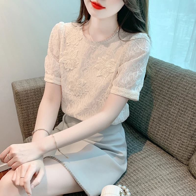 Fashion New Summer Short Sleeve O-Neck Women Blouse Casual Lace Blouse Shirt Women Tops  Blusas Mujer De Moda 2024 Verano J771