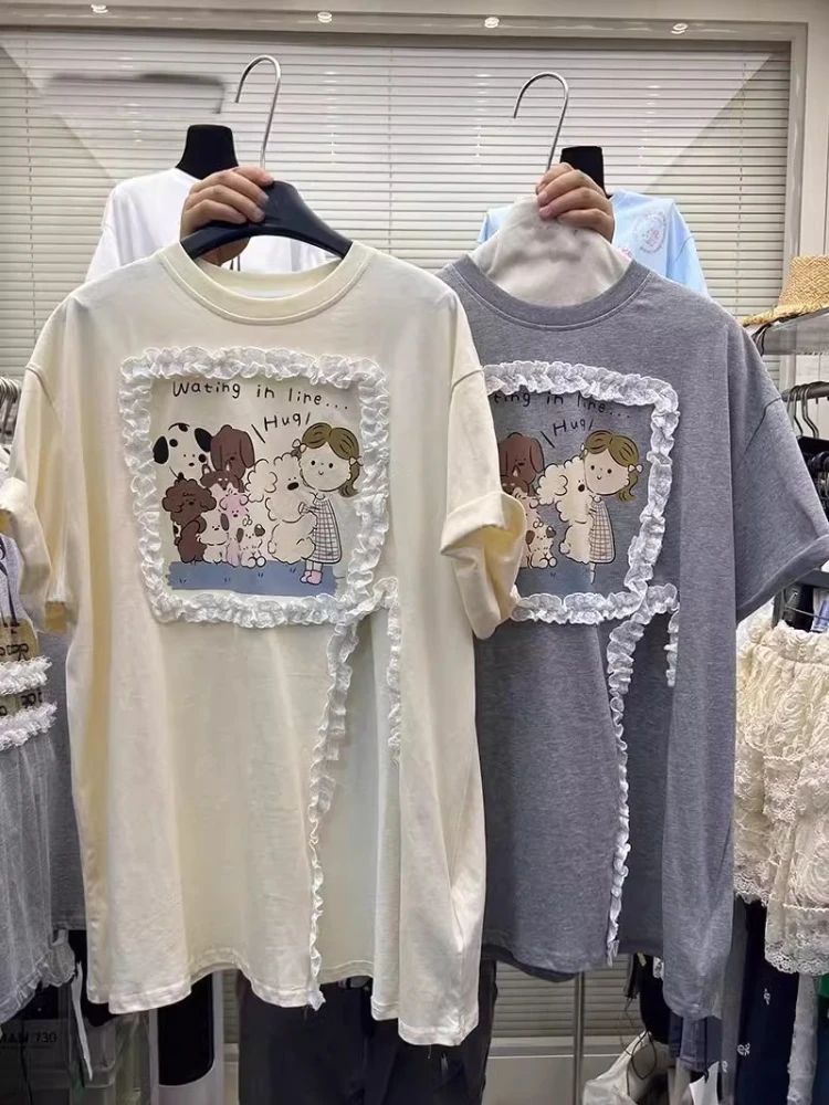 Plus Size Korean Kawaii Cartoon Cute Print Women T-shirt 150KG Lace Flower Side Split Lady Top 2024 New Summer Y2k Harajuku Tee