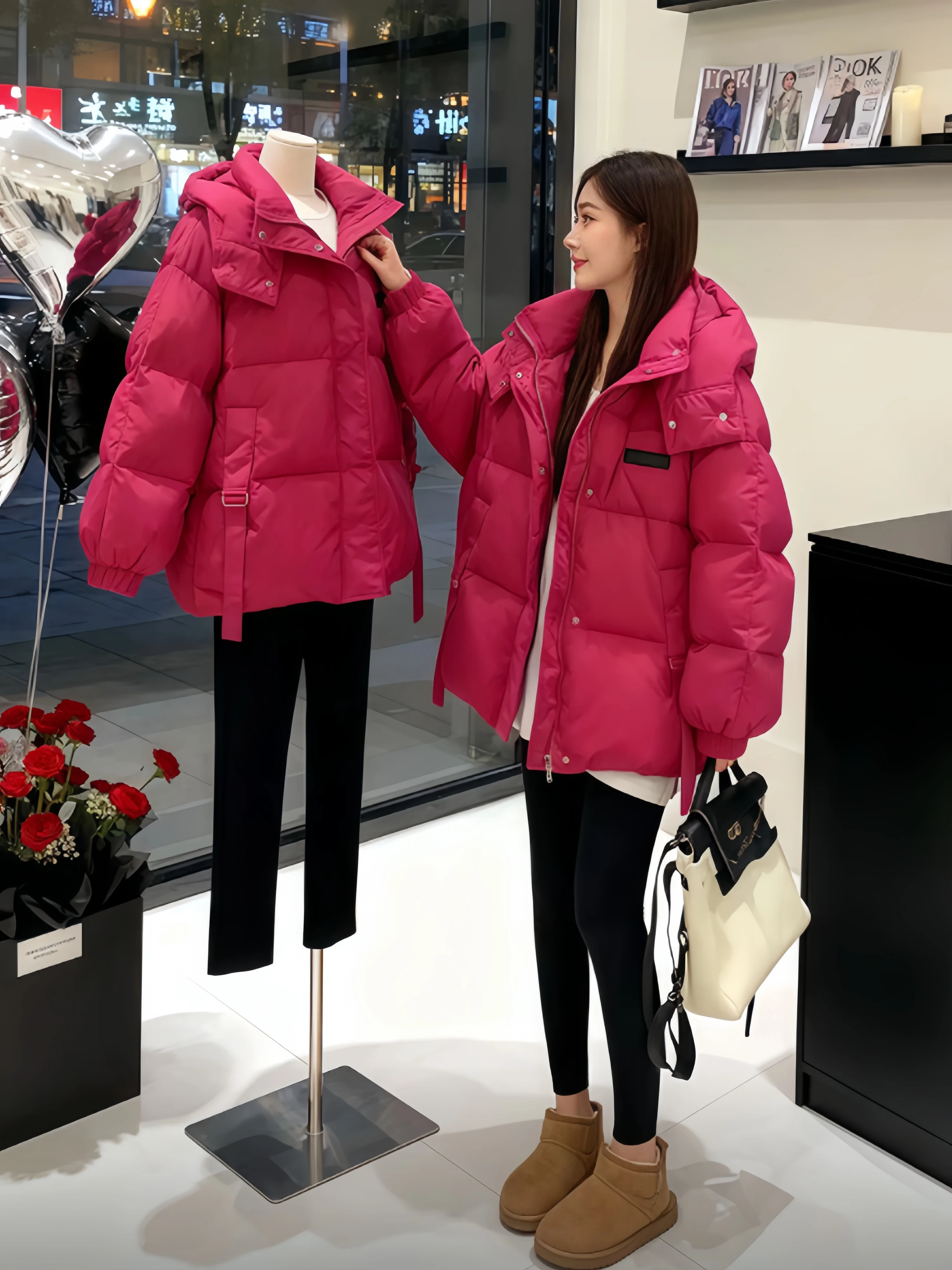 

Loose down Cotton Jacket Women's Korean Style Winter New Arrival Small Size Student Coat Long Sleeve Zipper Pure Color