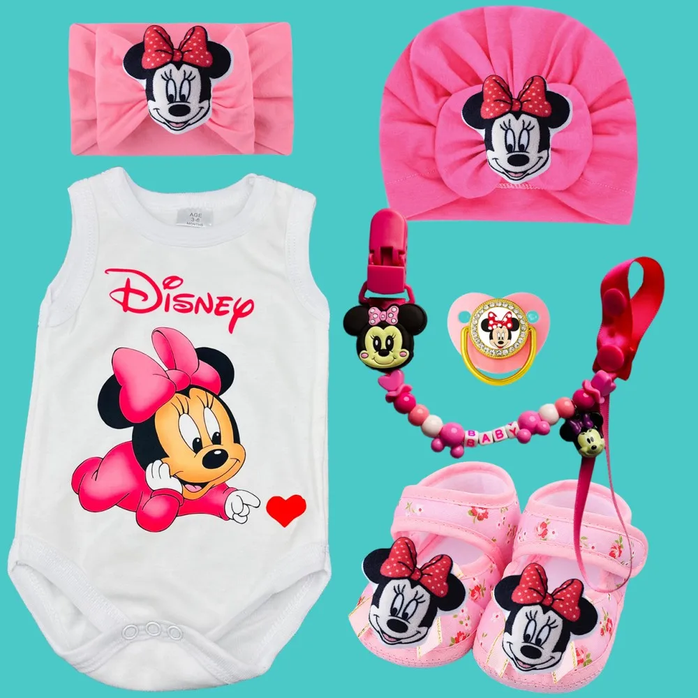 

Роскошный набор для кормления: цепочка-держатель для соски, чехол, костюм для ползания «Принцесса и Принц», шапочка и повязка на голову для новорожденных с Микки Маусом