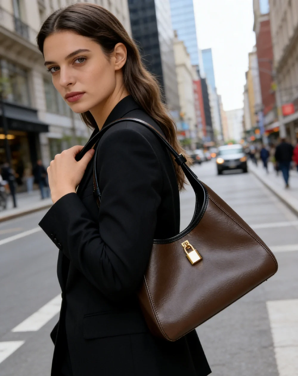 

Women Dark Brown Lock Closure Shoulder Bag, Minimalist Elegant Handbag for Office, Formal Events and Casual Occasions