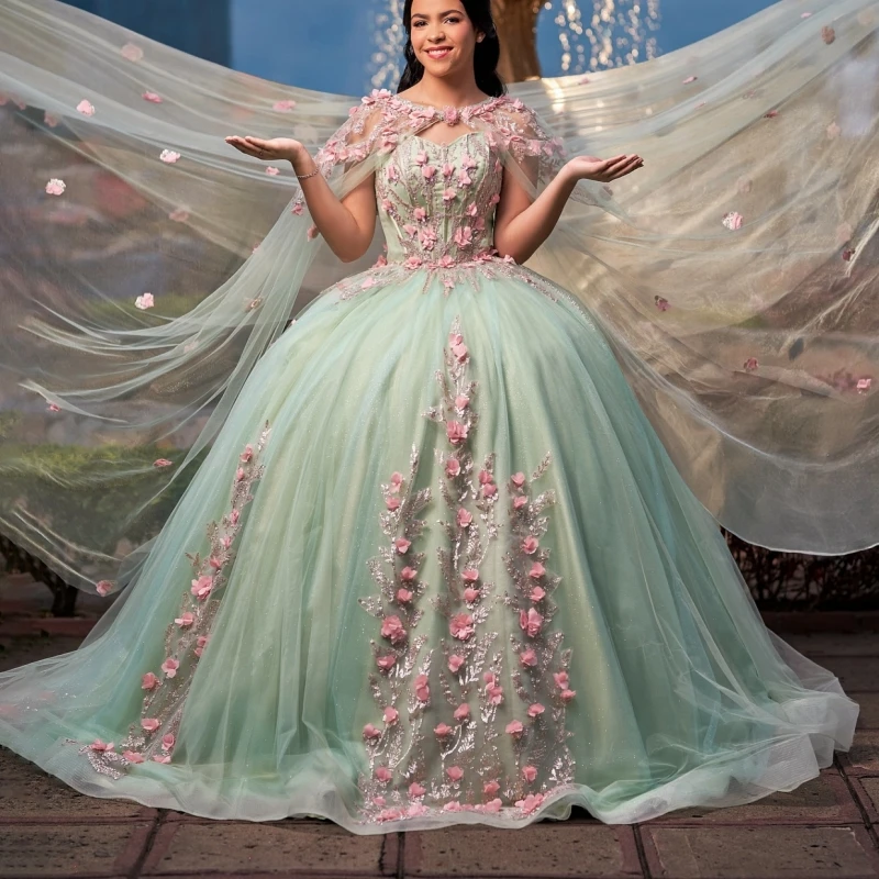 

Зеленое платье Quinceanera, бальное платье с открытыми плечами, аппликация из бисера, цветок с накидкой, тюлевой корсет, вечерние, день рождения, милое платье 16.