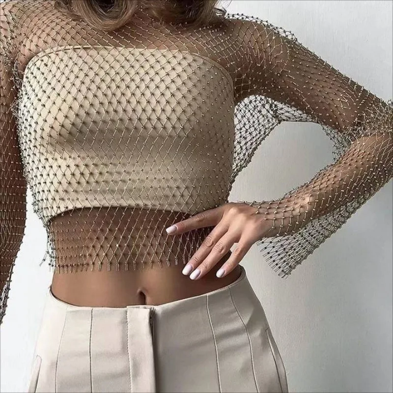 Kobiety Sexy Mesh See Through T Shirt Shiny Rhinestone Fishnet Hollow Out Crop Top Long Sleeve Beach Cover Up Party Club Tank Tops