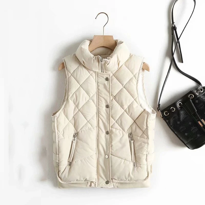 

2024 Stand Collar Zipper Pocket Women's Vest Autumn Winter Diamond Cotton Vest Jacket Female Jackets Autumn Women Warm Waistcoat