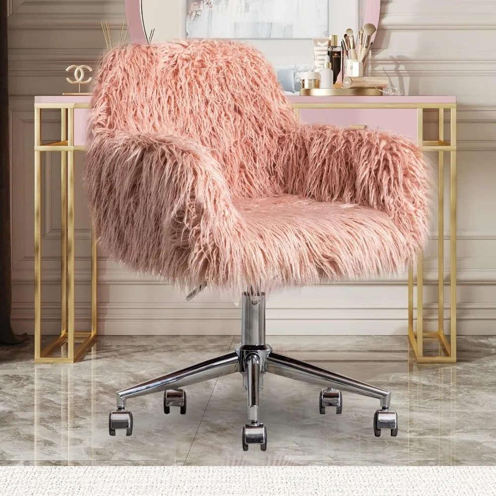 Artificial Leather Vanity Chair with Wheels, Pink Furry Makeup Table and Chair, Rotatable Work Armchair